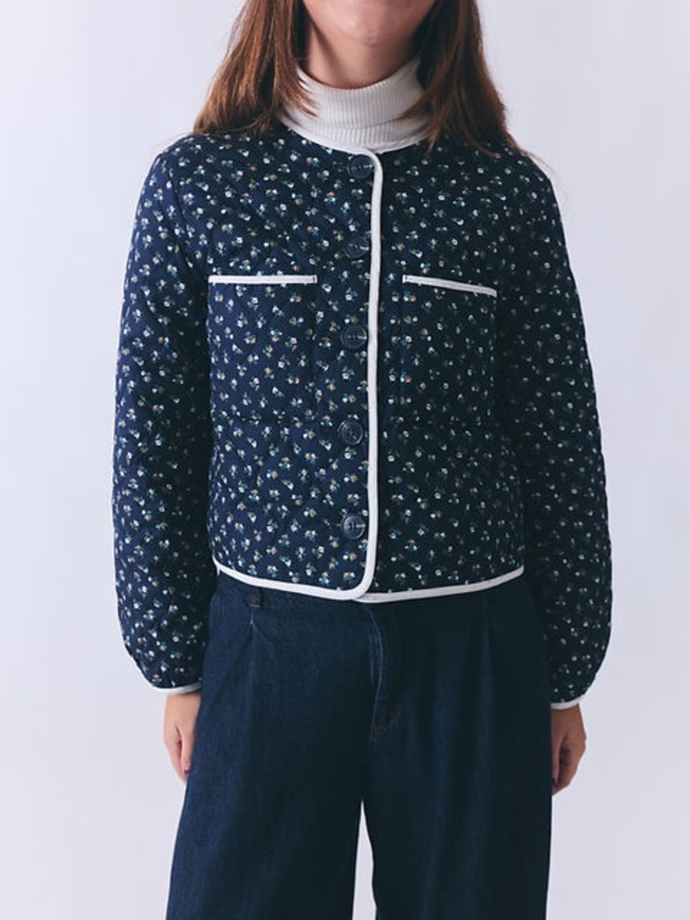 Quilted Navy Floral Reversable Crop Jacket with White Piping